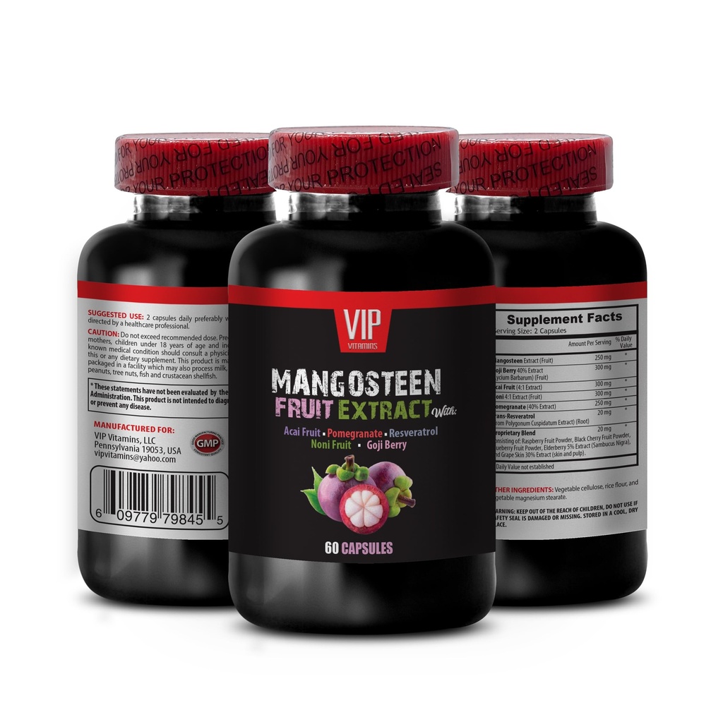 VIP 비타민 Mangosteen, Mangosteen 추출물 - Mangosteen 과일 추출물 - Acai Berry, Goji Berry, Pomegranate, Noni, Trans-Resveratrol, Elderberry 과일, 포도 피부 - 1 병 60 캡슐