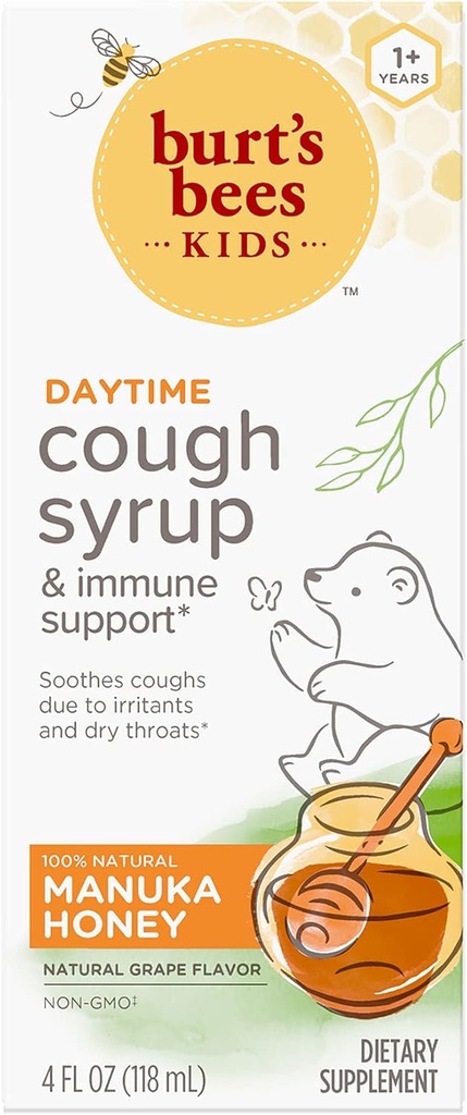Burt's Bees Kids Daytime Cough Syrup 및 면역 지원, 자연적인 포도 맛, 규정식 보충교재, 4 Fl Oz