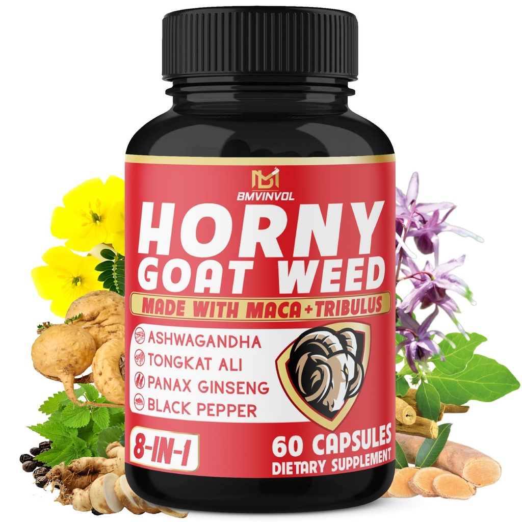 BMVINVOL Horny Goat는 Tribulus, Ginseng, Ashwagandha, Maca, Tongkat Ali, Nettle, Black Pepper와 캡슐을 썼습니다 - 60 조사