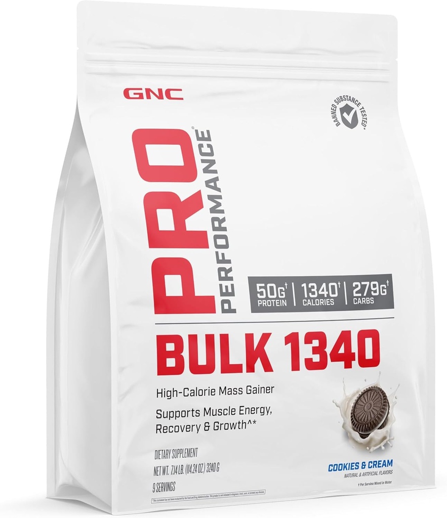 GNC 직업적인 성과 대량 1340 대량 게인더 단백질 분말, 50g, 글루텐 자유로운, Whey, Creatine, BCAA, 제 3 자 시험해, 근육 회복 & 성장, Micronutrients, 과자 및 크림, 9 서빙