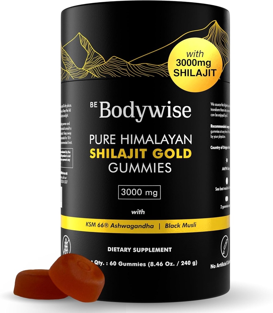 Bodywise 순수한 Himalayan Shilajit Gummies 골드 I 실험실 테스트 나는 추가 설탕 I Ashwagandha, Gokshura| Fulvic 산 및 85 + 남성을위한 Trace 미네랄 I, 여성 I Non-GMO I 100 % 천연 및 유기농 I 60 Gummy