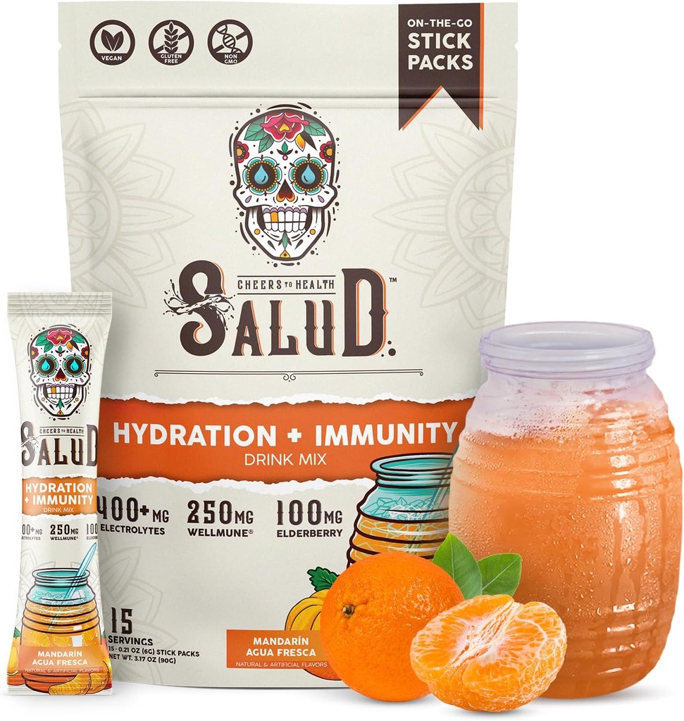 Salud 2-in-1 Hydration Packets + Immunity Electrolytes Powder, Mandarin - Agua Fresca 음료 혼합, Elderberry, Dairy & Soy Free, Non-GMO, Gluten Free, Vegan, Low Calorie, 1g Sugar (15 서빙)