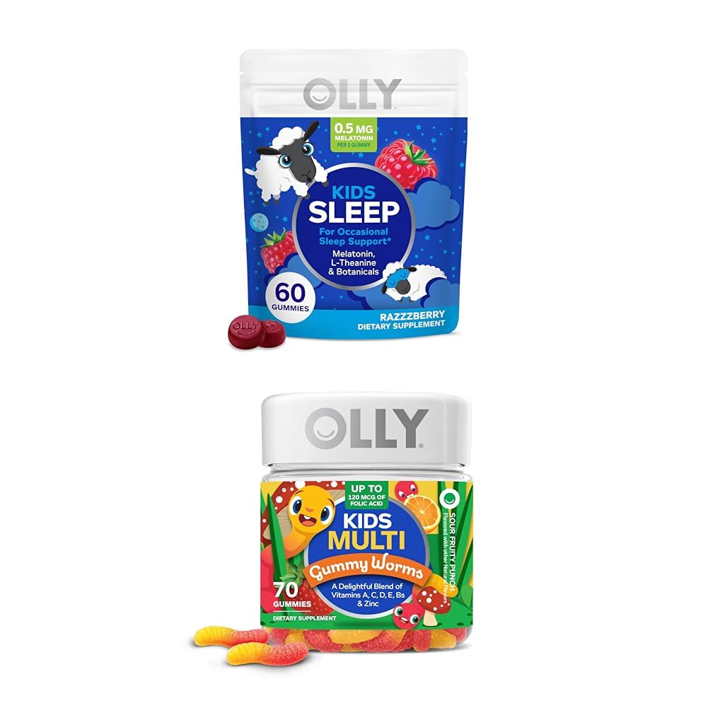 OLLY Kids Sleep Gummy, Melatonin, L Theanine, Chamomile, 60 Count and Kids Multivitamin Gummy Worms, 비타민 A C D E B 아연, 70 카운트