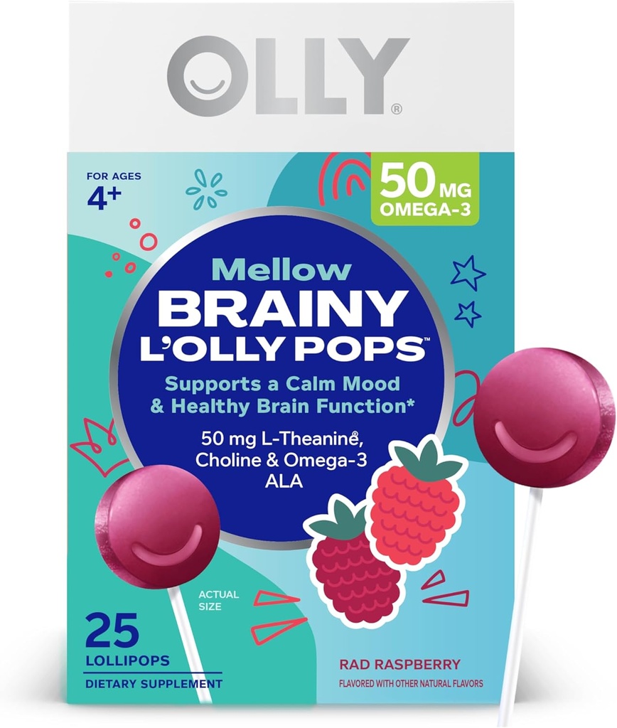 OLLY Mellow Buddies L’OLLY Pops, L-Theanine, Choline, Omega-3 ALA, Kids 4+ Dietary Supplement Lollipops, Calm Mood 및 건강한 두뇌 기능 지원, * Vegan, 라즈베리 맛, 25 조사