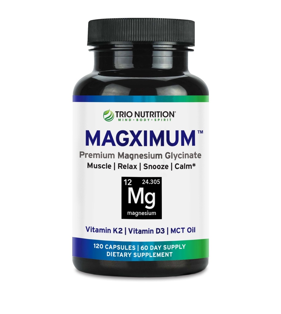 Trio Nutrition MagX 마그네슘 글리세라이드, 비타민 D3, 비타민 K2 및 MCT 오일 | 킬레이트 마그네슘 보충 | Calm, Relaxation & Recovery | 잘 복원되고 Magximum과 함께 하루를 시작하십시오.