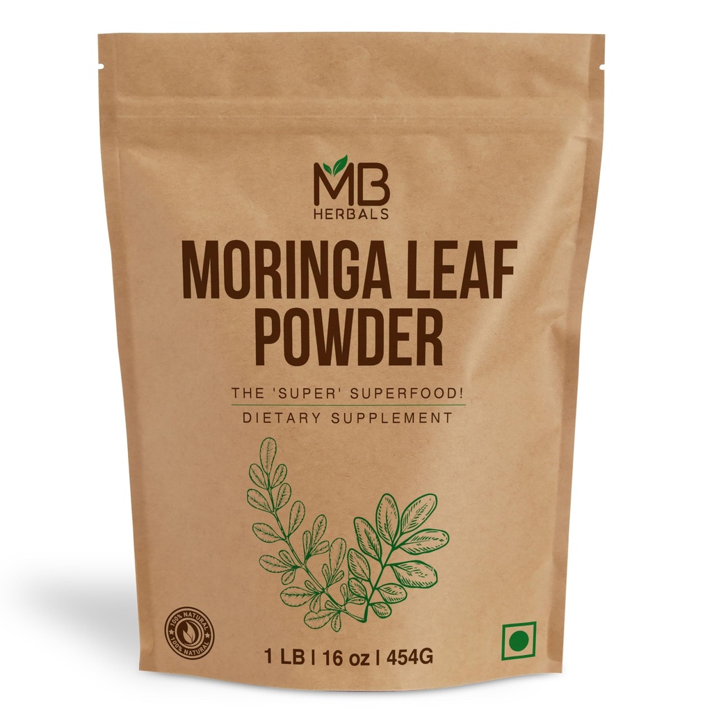 MB Herbals Moringa Leaf Powder 1 lb / 16 oz (454 그램) | 100 % Pure Moringa Powder | 음료 및 스무디에서 쉽게 혼합 | 보존제 없음