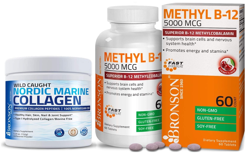 Bronson 바다 교원질 펩티드 Hydrolyzed 단백질 분말 + 메틸 B12 5000 mcg 비타민 B12 Methylcobalamin