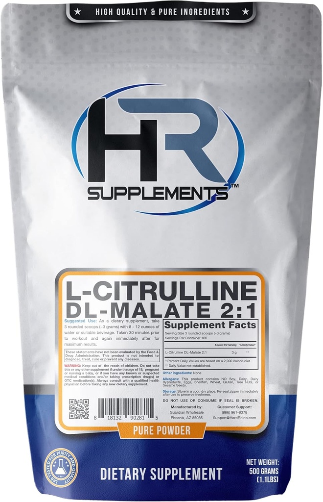 HR 보충제 L-Citrulline DL-Malate 2 : 1 분말, 500 그램 (1.1 Lbs), Unflavored, 실험실 테스트, Scoop 포함