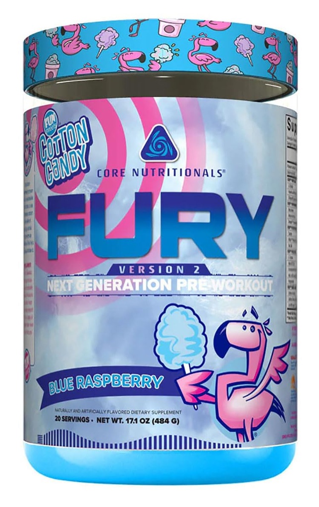핵심 영양 Fury V2 : 체육관 W / Zum-XR® Caffeine, L-CItruline 및 Alpha GPC (40 Scoops) (Fun SweetsTM Blue Raspberry)에서 성능 극대화하기 위해 사전 운동 분말