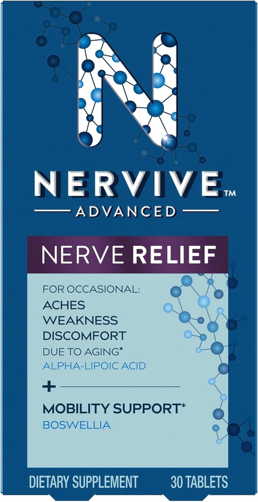 Nervive Advanced Nerve Relief + Mobility, 알파 Lipoic Acid로 Nerve Aches, Weakness, & Discomfort*† 및 Boswellia를 줄이기 위해 Mobility*, 비타민 B12, B6, B1, 30 정제를 줄입니다.