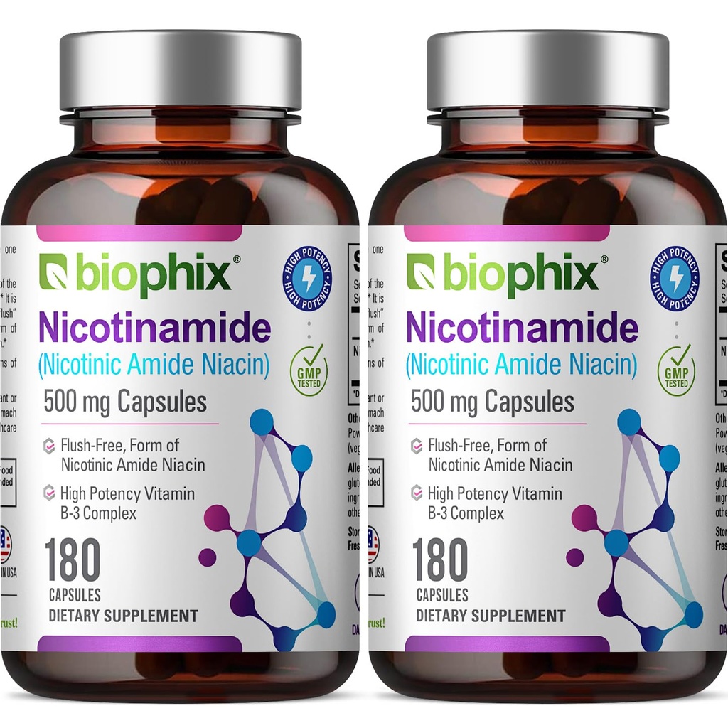 biophix B-3 Nicotinamide 500 mg 180 모자 2 팩 - Nicotinic Amide Niacin 자연적인 홍조 자유로운 비타민 공식 - 지원 피부 세포 건강