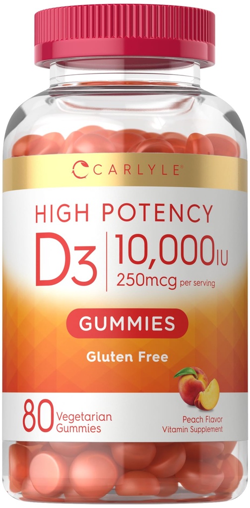 Carlyle Vitamin D3 10000iu Gummies for Adults | 80 개 | 복숭아 맛있은 거미 | 여성 및 남성의 높은 효능 | 채식주의, 비 GMO, 글루텐 무료 보충