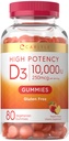 Carlyle Vitamin D3 10000iu Gummies for Adults | 80 개 | 복숭아 맛있은 거미 | 여성 및 남성의 높은 효능 | 채식주의, 비 GMO, 글루텐 무료 보충