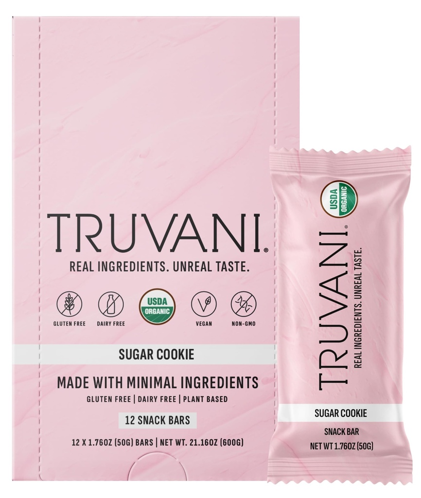 Truvani Plant Based Snack Bar | 슈가르트 쿠키 12 팩 | 6g Protein | USDA Organic and Vegan | The Only Bar | Dairy, Soy, Gluten Free | 개별적으로 포장