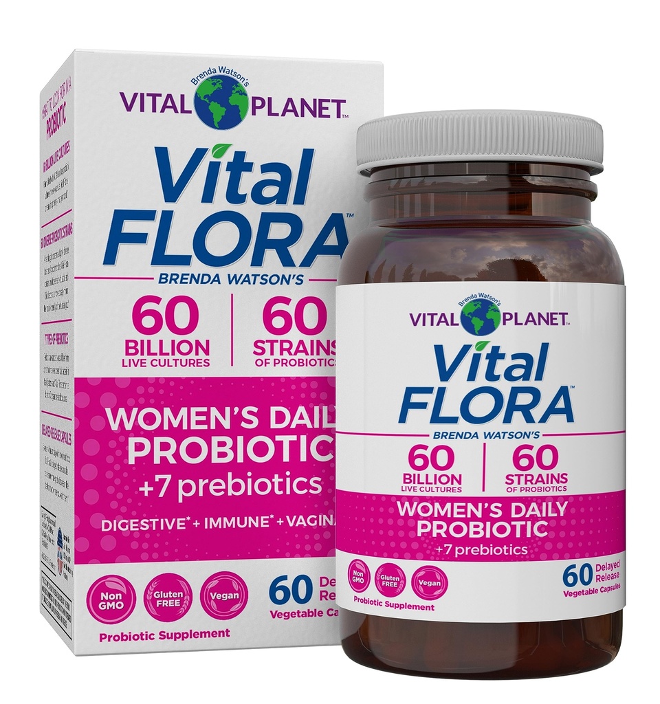 Vital Planet - Vital Flora Women’s Daily Probiotic 60 Billion CFU, 60 Diverse Strains, 7 Organic Prebiotics, Vaginal 및 Immune Support, Bloating, 여성 60 캡슐에 대한 소화 건강 프로바이오틱스