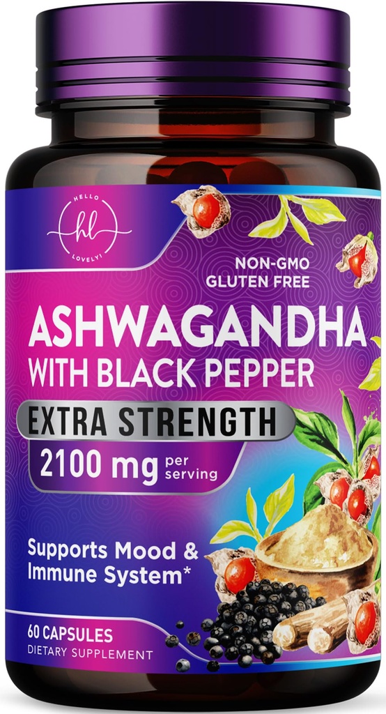 Ashwagandha 2,100 mg - 분말 & 뿌리 추출물을 가진 Veggie 캡슐에 있는 여자를 위한 Ashwagandha 보충교재, 높은 흡수를 위한 까만 고추, 근거한 식물, 미국에서 병에 넣어지는 비 GMO - 60 Veggie 캡슐