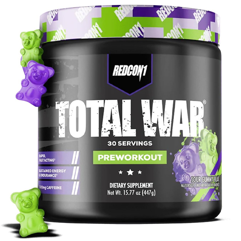 REDCON1 Total War Pre Workout, Sour Gummy Bear - 베타 알라닌과 함께 남성 + 여성을위한 빠른 행동 Caffeinated Preworkout - 증가 된 펌프를위한 Citrulline Malate, 혈액 흐름 (30 서빙)