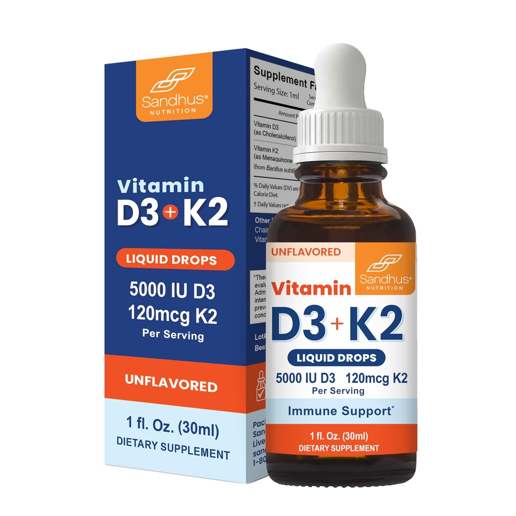 성인용 Sandhu의 비타민 D3 K2 Drop | 5000 IU D3 액체, 120mcg K2 보충 1 Fl Oz (팩 1) | D3K2 지원 우수한 흡수, 에너지, 면역, 남성 및 여성용 근육 건강