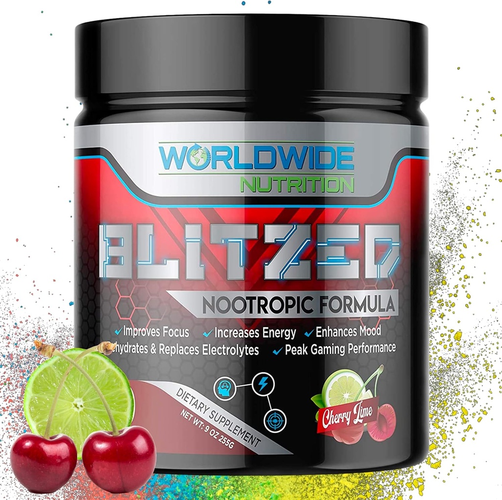 Worldwide Nutrition Blitzed Nootropic Formula - 모든 천연 에너지 음료 혼합 분말 - 기억 및 초점을위한 두뇌 보조제 - 향상된 초점과 에너지 보충 - Cherry Lime 풍미 - 30 서빙