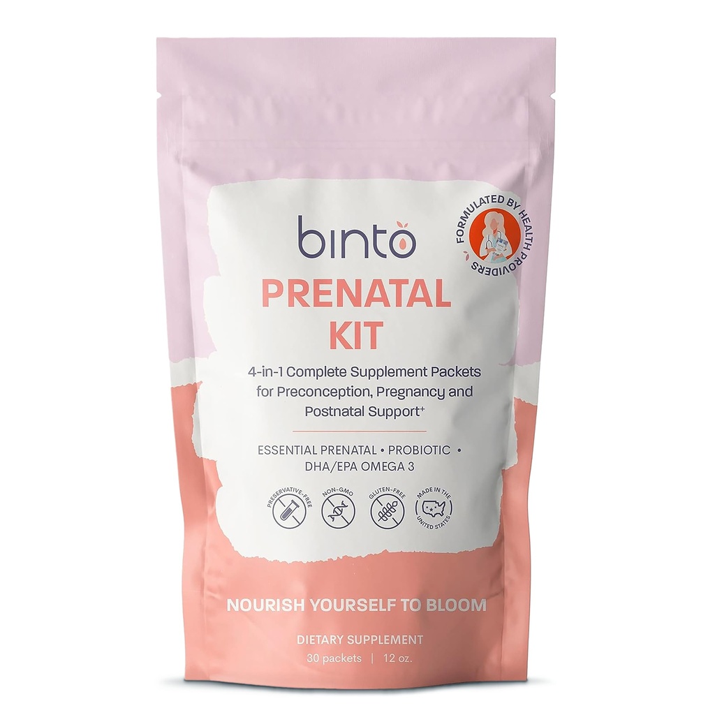 Binto Prenatal 키트 - 4-in-1 건강한 엄마 및 아기를위한 보충제 - 30 일 공급 - Multivitamin, Probiotics, Iron, DHA, Methylated Folate & Folic Acid - Non-GMO, 글루텐 - 무료, 채식