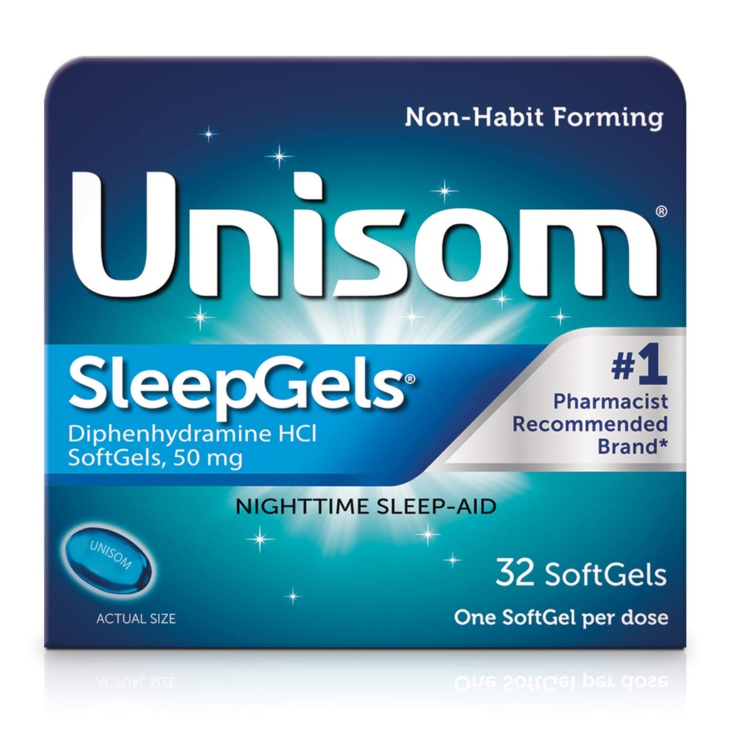 Unisom SleepGels, 야간 수면 보조, Diphenhydramine HCI 50 mg, 32 SoftGels