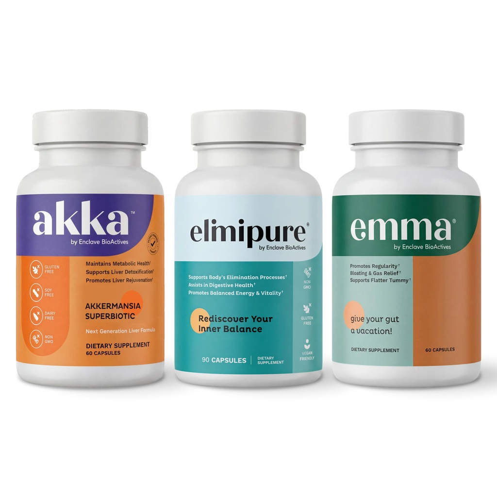Emma Gut Health & Elimipure Gut Cleanse & Akka Liver Cleanse - 소화 균형, 정기 및 대사 지원을위한 3-in-1 Detox Bundle | 폐기물 제거 및 미생물 건강 지원
