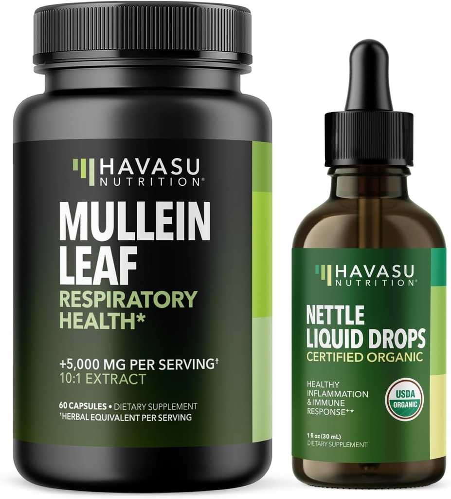 HAVASU NUTRITION Mullein 잎 캡슐 + Nettle Liquid Drops 호흡 건강 번들
