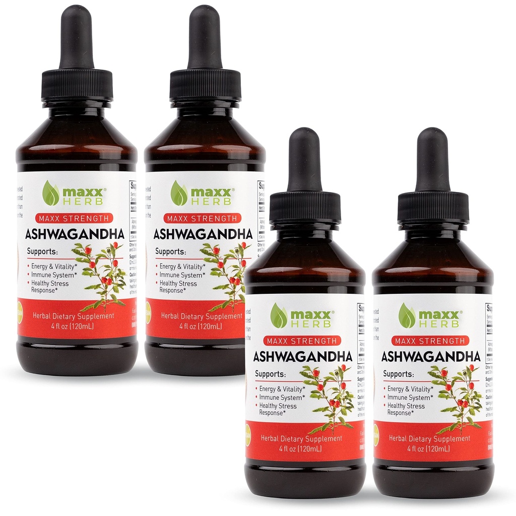 Maxx 허브 Ashwagandha 추출물 - 최대 힘 액체 열량은 캡슐 또는 분말보다 더 잘 흡수합니다 - 체력, 기억 및 면역 지원 - 4 병, 4 Oz 각각 (240 서빙)