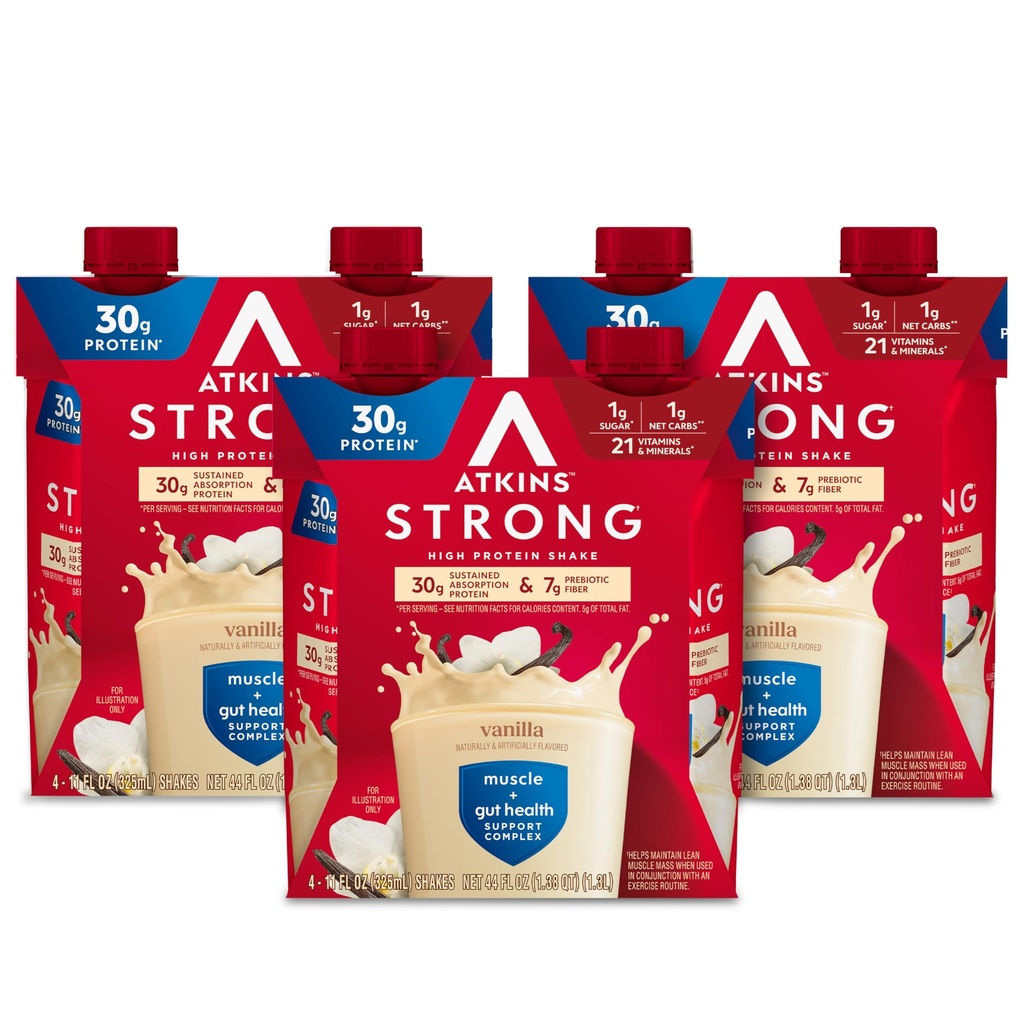 Atkins 강한 높은 단백질 Shake, 바닐라 맛, 30g 단백질, 낮은 캐비티 및 낮은 설탕 Shake, Keto 친절하고, 글루텐 자유로운, 근육 및 Gut 건강 지원 Complex, 12 조사