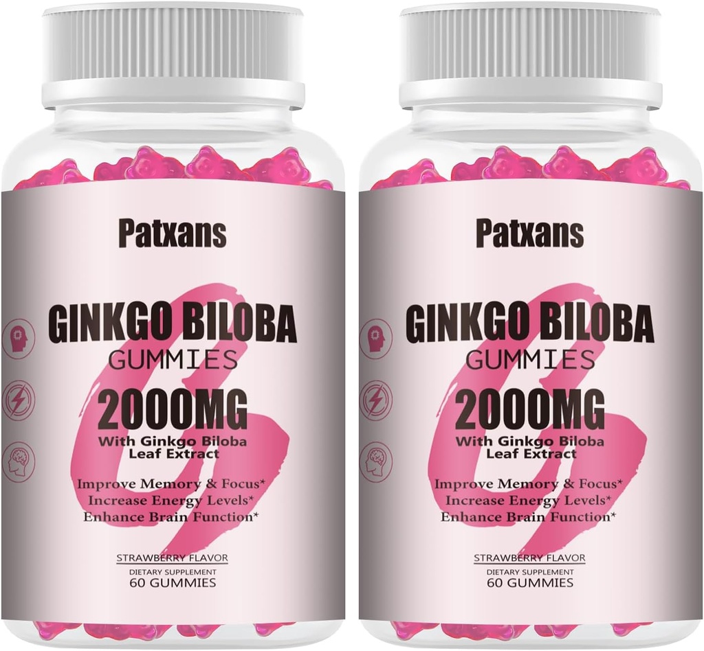 2 팩 2000mg 은행나무 Biloba Gummies - 뇌 건강 지원을위한 은행나무 Biloba 보조 식품, 무드 및 초점, 에너지, 성인, 딸기 맛, 120 조사