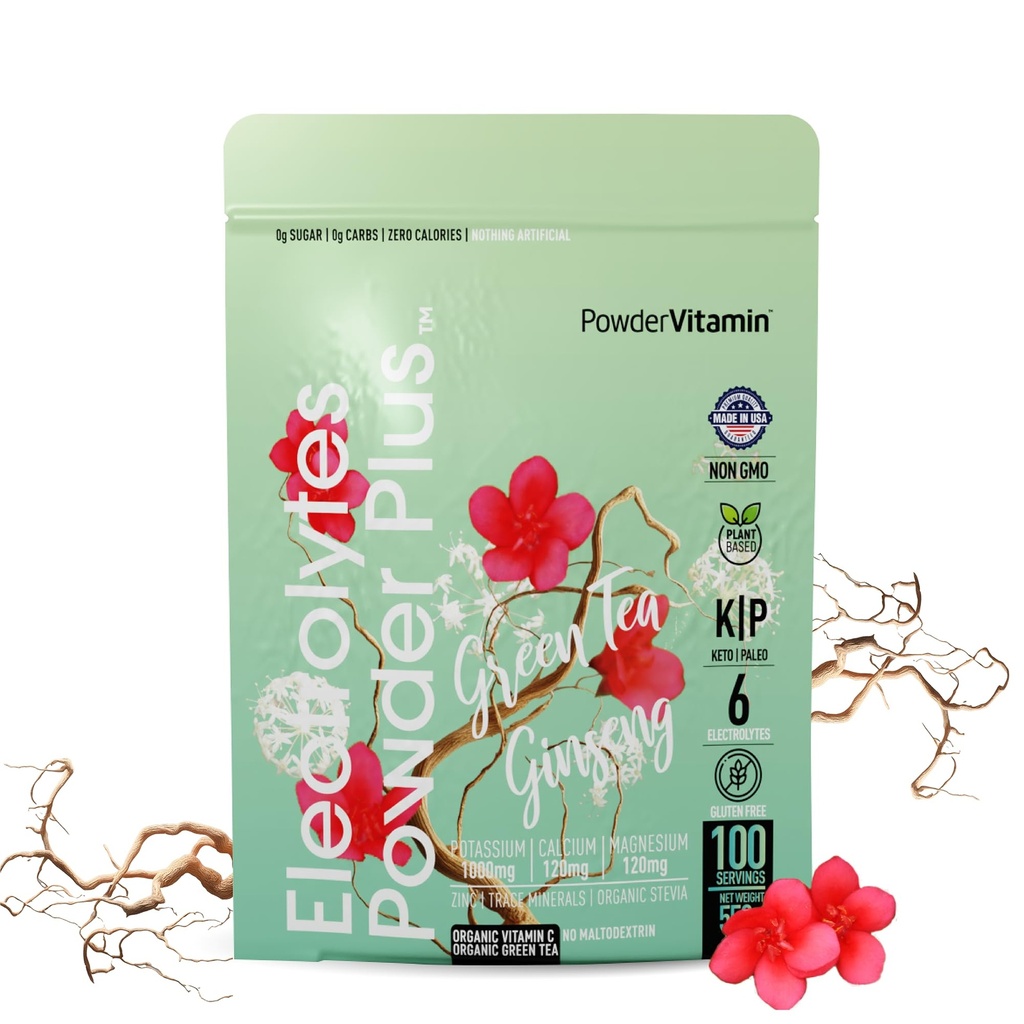 PowderVitamin 전해질 분말 플러스 (100 인분) 녹차 인삼 전해질 분말 Keto, 설탕 무료, 핑크 Himalayan 소금, 1000mg 칼륨, 150mg 칼슘, 150mg 마그네슘, 하이드로 션 분말