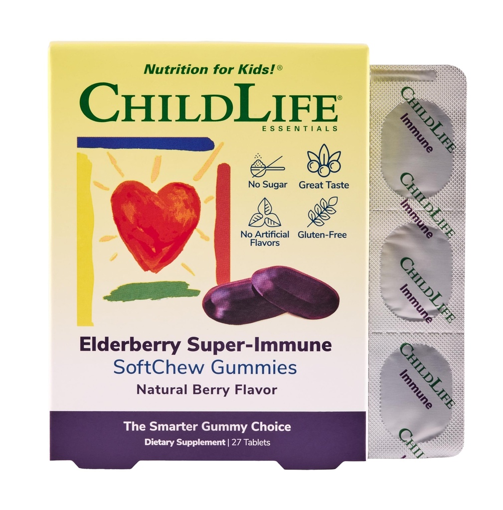 CHILDLIFE ESSENTIALS Elderberry Super-Immune SoftChew Gummies for Kids - 비타민 C 및 비타민 D3, Elderberry Immune 보충 아기, 유아 및 어린이 - Berry, 27 Softchews