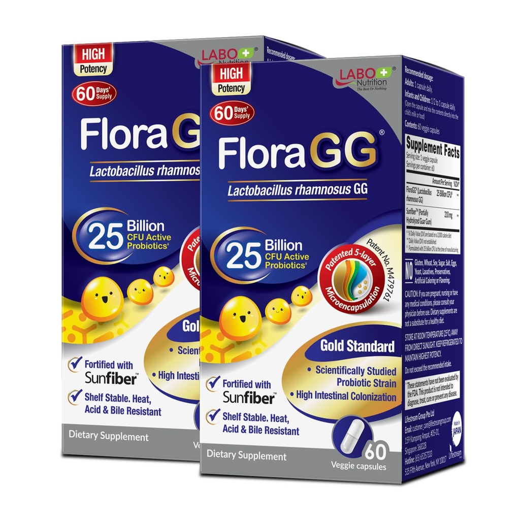 LABO 영양 FloraGG, Lactobacillus Rhamnosus GG 25 억 CFU 활성 Probiotics & Sunfiber Prebiotic 섬유 보충, 건강한 Intestinal, 면역 건강 지연 릴리스 및 글루텐 무료 60sx2 지원