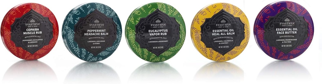 SVASTHYA BODY & MIND Essential Oil Balms 멀티 팩 선물 세트 - 근육 Rub, Headache Balm, Vapor Rub, Heal All Balm 및 Face Butter 포함 - 미국, 1 ea -5 팩