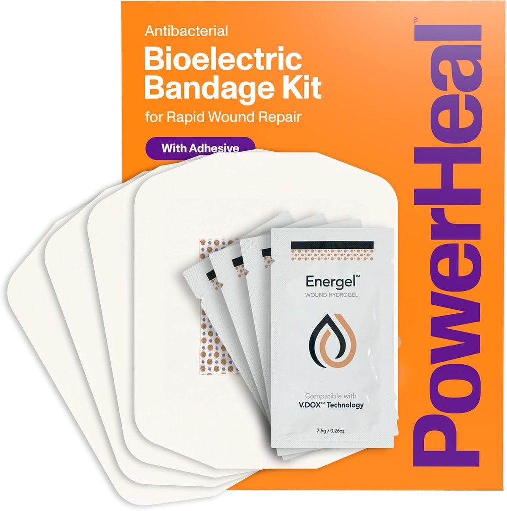 PowerHeal Bioelectric Bandage Kit for Wound Care & Fast Healing - 3-Layers w / Bioelectric Pad, 흡수 패드, 접착제 + Wound Hydrogel - 절단, 마모, 물집, 화상 - 4-Pack, 4"x 4"