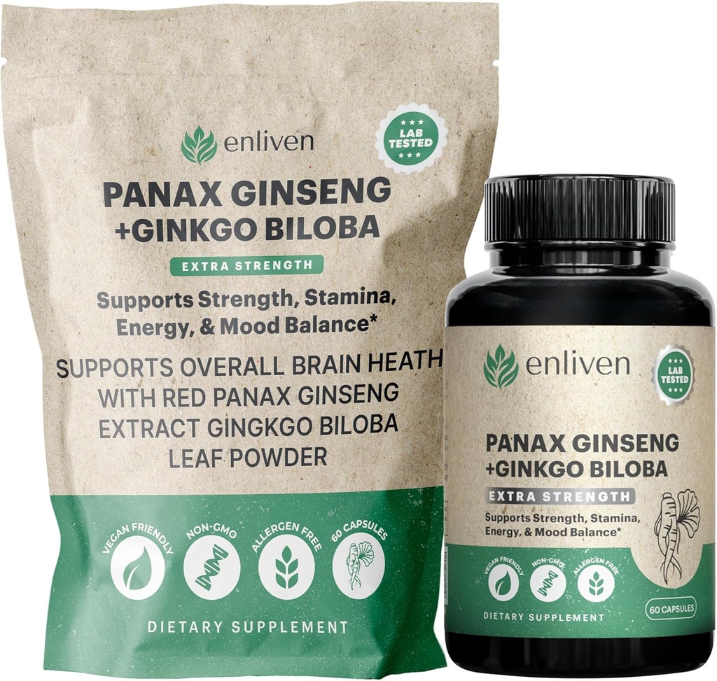 Panax Ginseng & Ginkgo Biloba 에너지 보충, 초점 & 두뇌 건강 | 기억, 스트레스 완화 및 순환을 위한 한국 빨간 인삼 캡슐 | 자연적인 Cognitive 지원 | 60 Count | Made in USA