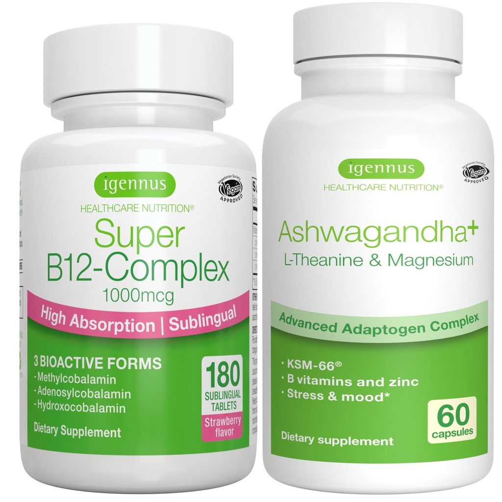 Super B12-Complex 1000mcg + 고급 Ashwagandha KSM-66, L-Theanine & 마그네슘 번들, 높은 흡수 이하 언어 비타민 B12 + Igennus에 의해 다 활동 Adaptogen Complex,