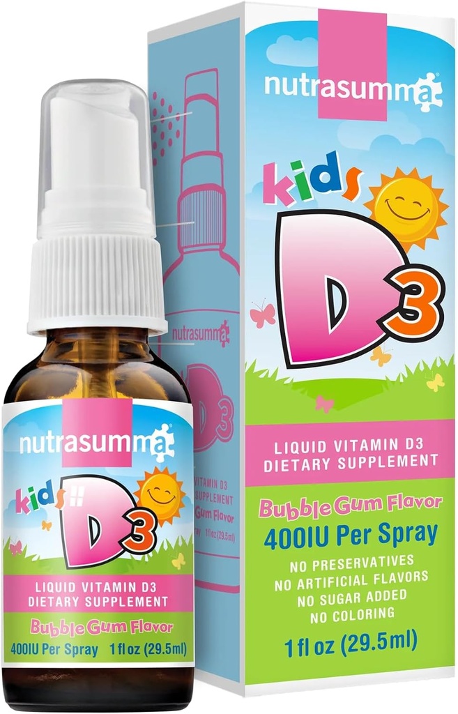 Nutrasumma 아이 비타민 D3 400 IU 살포 거품 껌 풍미 1oz 자연적인 높은 흡수 비율 지원 뼈 부스트 면역 체계 비타민 보충교재