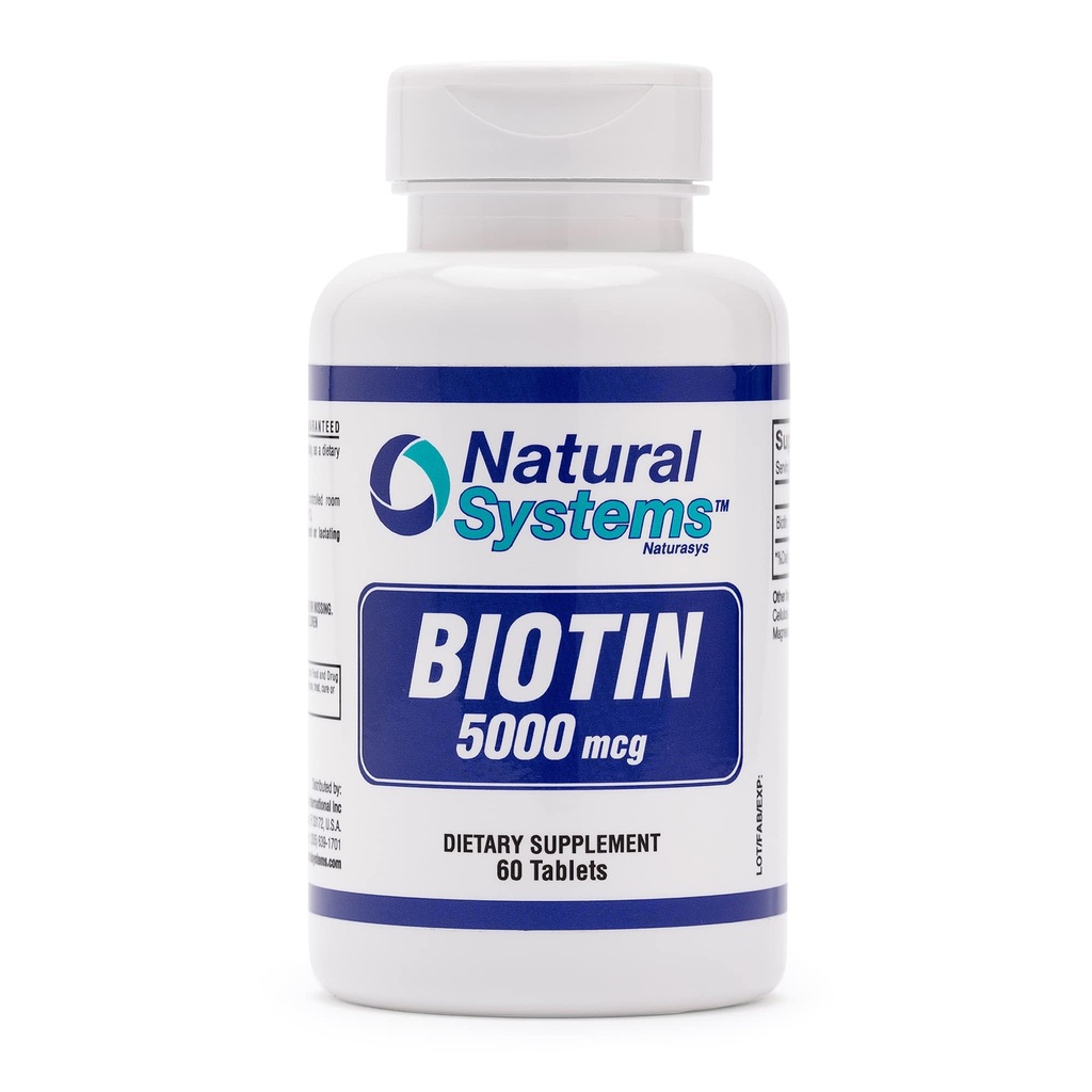 Biotin 60 Tablets 5000 mcg by Natural Systems | Biotin Hair Growth Support Pills | 남자와 여자를위한 헤어 스킨 네일 비타민 | Biotin Supplement는 세포 성장을 향상시킵니다.