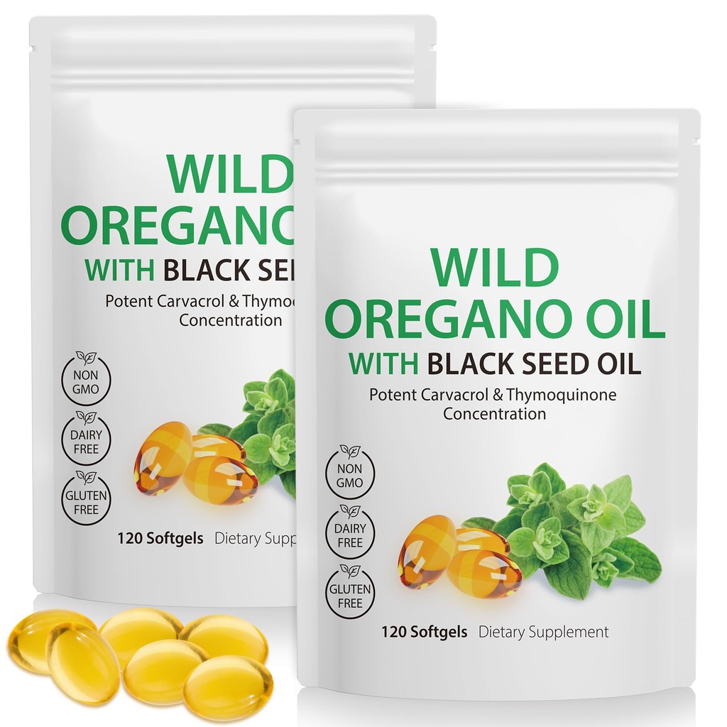 Oregano Softgels 6000mg Per 서빙 240 카운트 | 2 in 1 Formulated with Black Seed Oil 200mg, 4X Strength Carvacrol & Thymoquinone | 식물 기반, Non-GMO 및 면역 지원