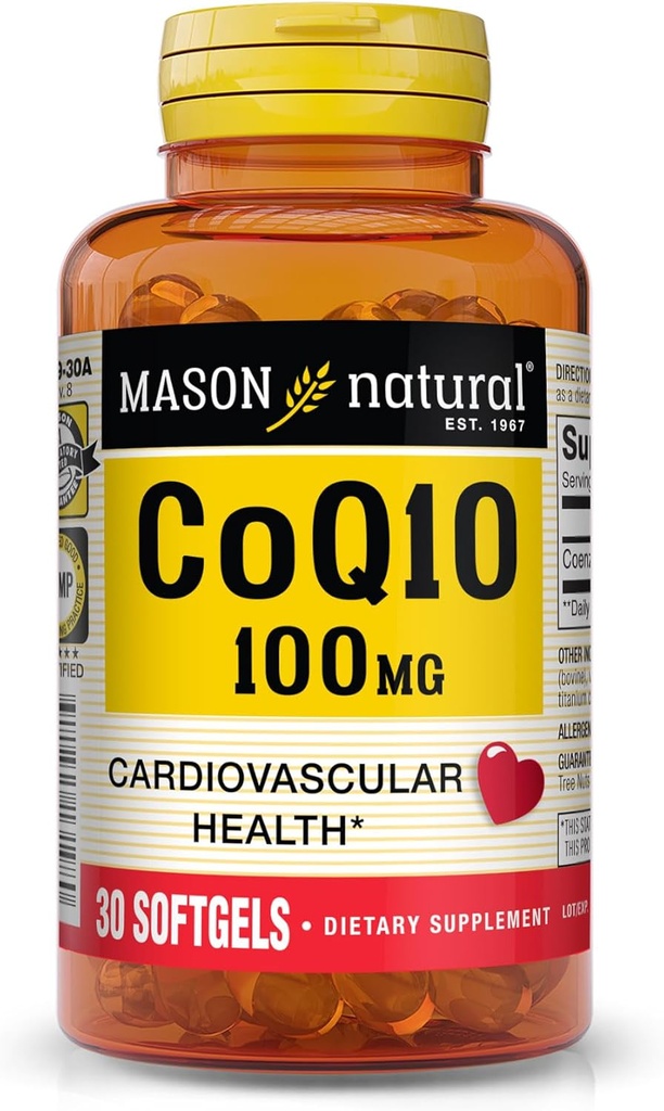 MASON NATURAL Co Q10 100 mg - 건강한 심장 및 세포 에너지 생산, 지원 심장 혈관 건강, 30 Softgels