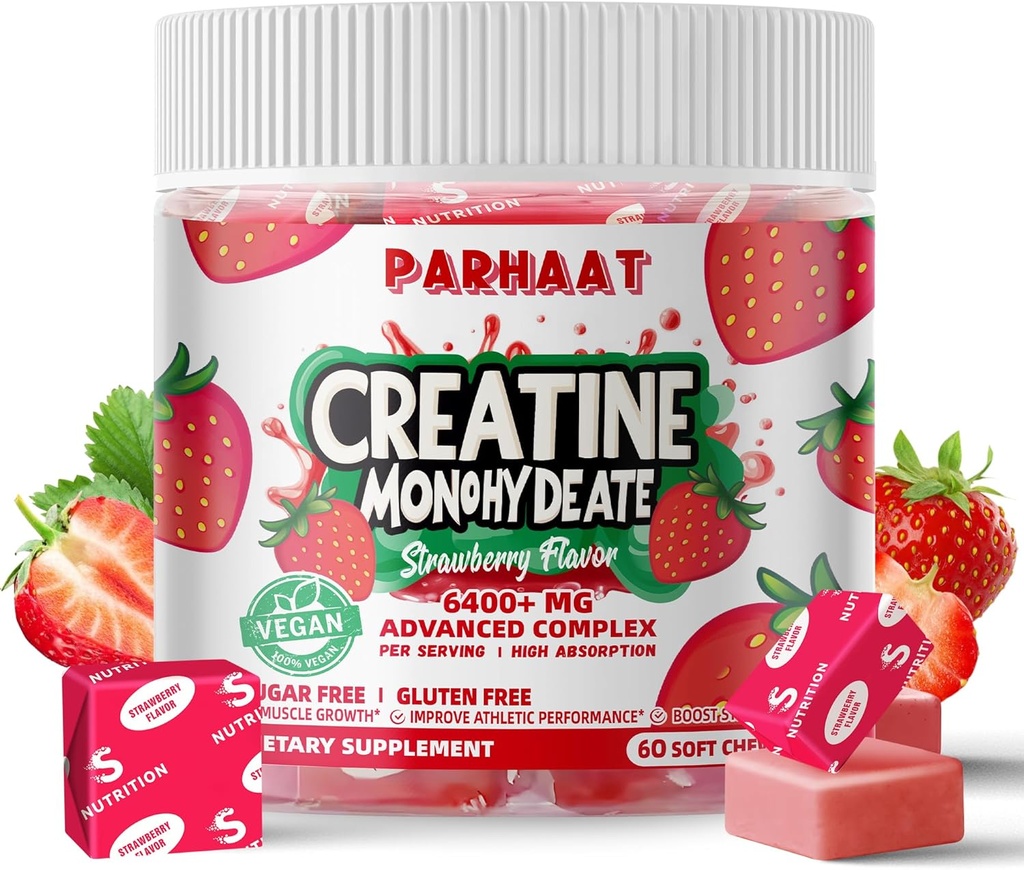 Creatine Monohydrate Chews Complex 남자 & 여자를 위한 6400mg - 고급 공식 W/L-Taurine + 비타민 B12, 설탕 자유로운 Chewable 보충교재, 60 Strawberry Softchews