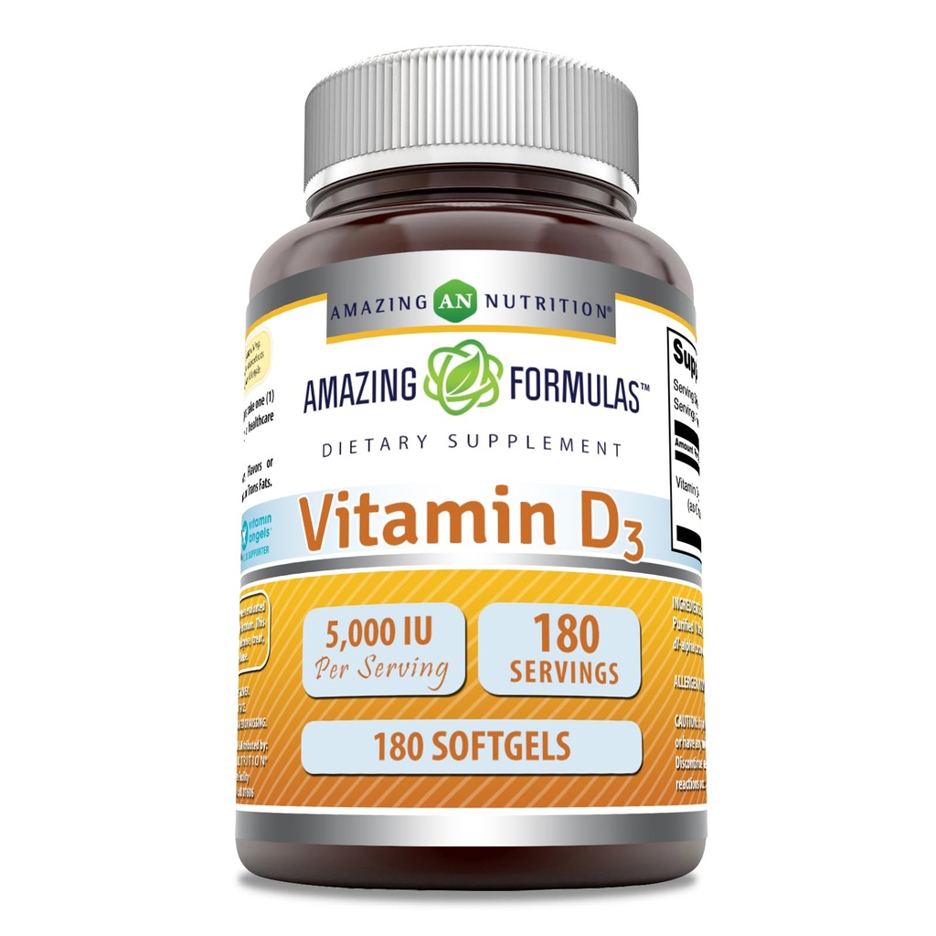 Amazing Formulas Vitamin D3 (Cholecalciferol) 보충 | 서빙 당 5000 IU | 180 Softgel | 비 GMO | 글루텐 프리 | 미국