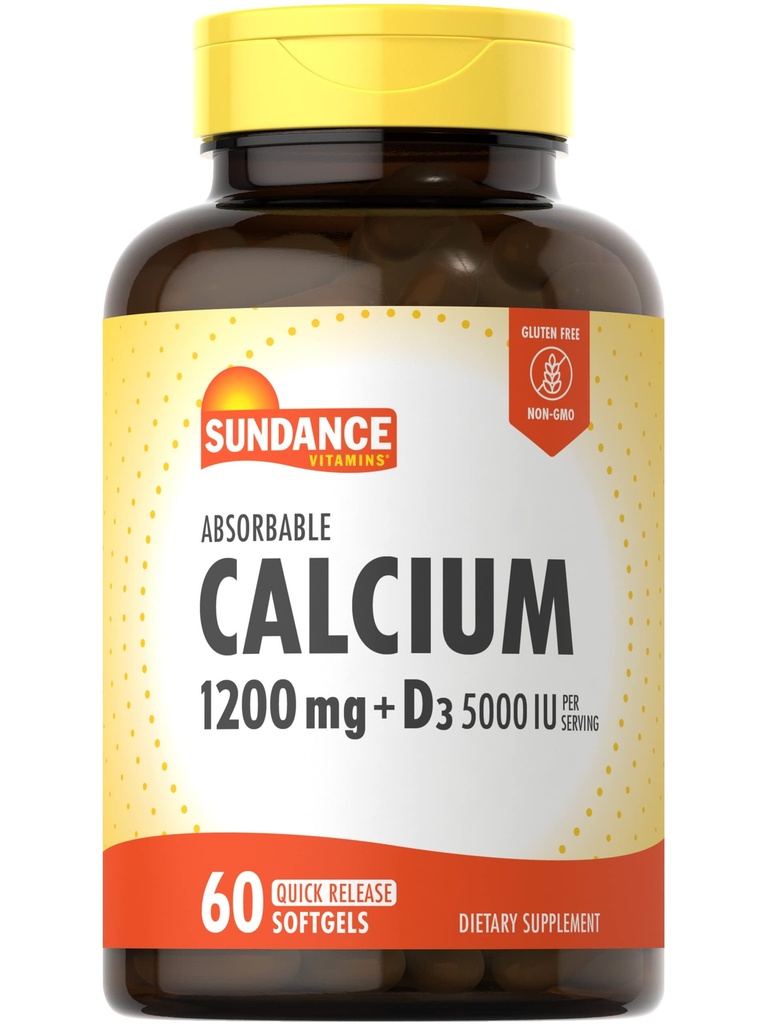Sundance 칼슘 1200 mg 비타민 D3 5000 IU | 60 흡수성 Softgels | 비 GMO & 글루텐 무료 보충
