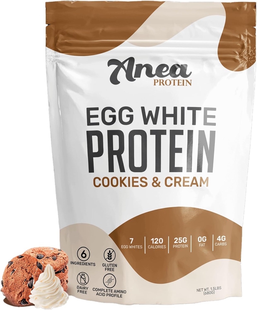 Anea Egg White Protein Powder | 25g Protein | Dairy Free | 글루텐 프리 | 지방 무료 | 아미노산 | 높은 생물학적 가치 (1.5 파운드) (1,1.5 파운드) (1, 쿠키 및 크림 포장)