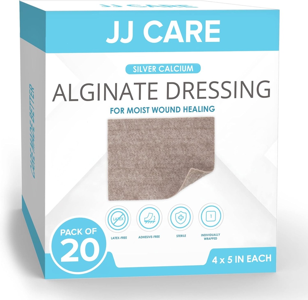 JJ CARE 실버 칼슘 Alginate Wound Dressing (Pack of 20) 4x5, 실버 Alginate Wound Dressing 개별적으로 Packed, 높은 흡수성 비-Adherent Bandages for Wound Care