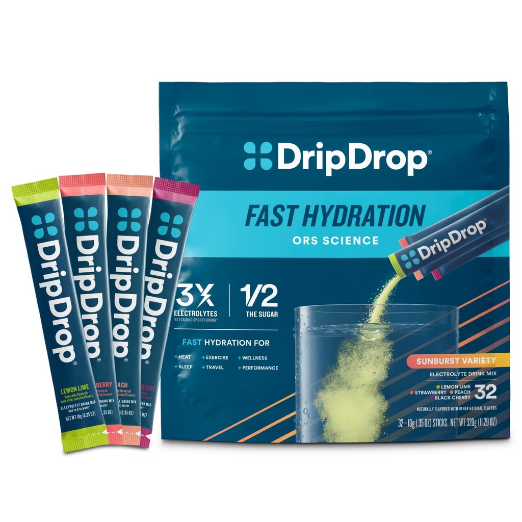 DripDrop Hydration Packets - Sunburst Variety Pack - 단일 Serve Electrolytes Powder Drink Mix - 레몬 Lime, Strawberry, Peach, Black Cherry - Non-GMO, Gluten Free, Vegan - 32 스틱