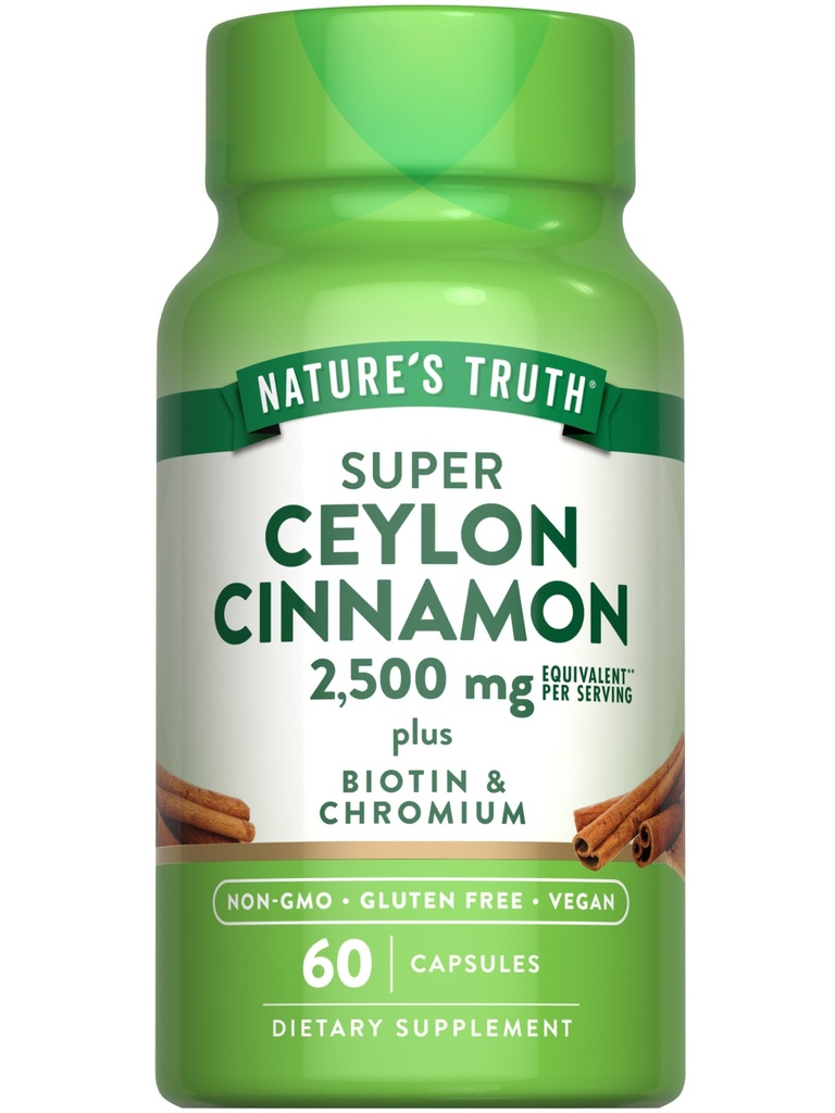Nature's Truth Ceylon Cinnamon 캡슐 | 2500mg | 플러스 크롬과 바이오틴 | 60 Count | Vegan, Non-GMO & 글루텐 무료 보충