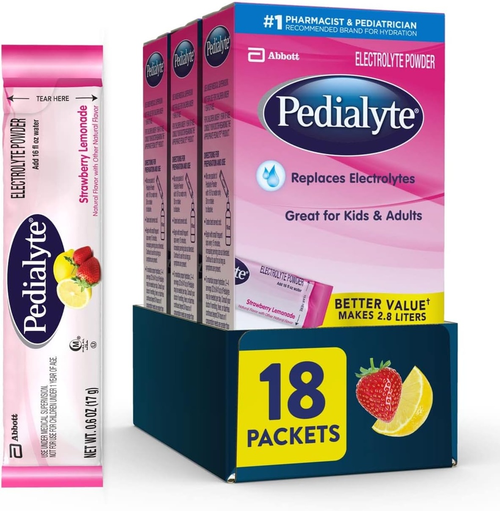 Pedialyte 전해질 분말 소포, Strawberry Lemonade, Hydration 음료, 18 단 하나 조각 분말 소포