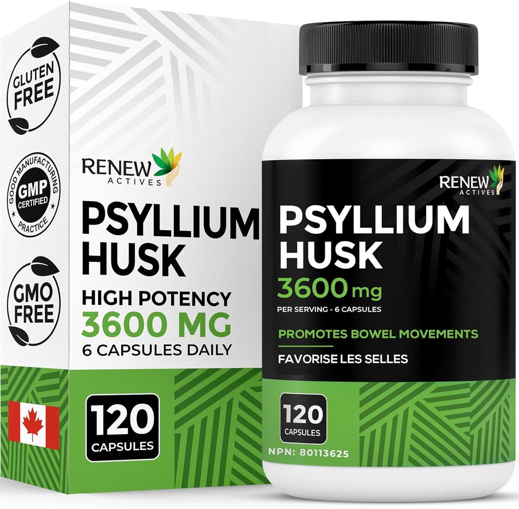 Renew Active Psyllium Husk 1200MG per 2 캡슐 – 소화 건강, 정기 및 성인 웰빙을위한 대량 형성 및 수용성 섬유 – 순수한 성분 – 캐나다에서 만든 – 120 캡슐